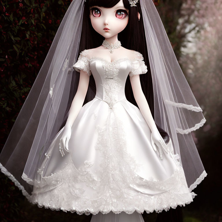 Porcelain doll in white wedding dress with red eyes against floral backdrop