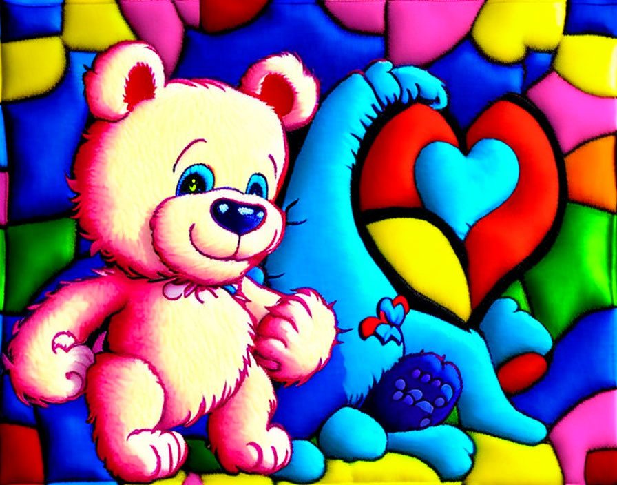 Colorful Teddy Bear and Heart Pillow on Patchwork Background