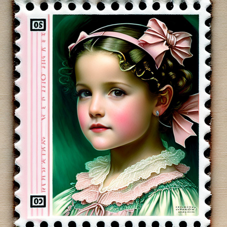 Vintage-Style Postage Stamp: Realistic Portrait of Young Girl with Pink Bow and Frilly Coll