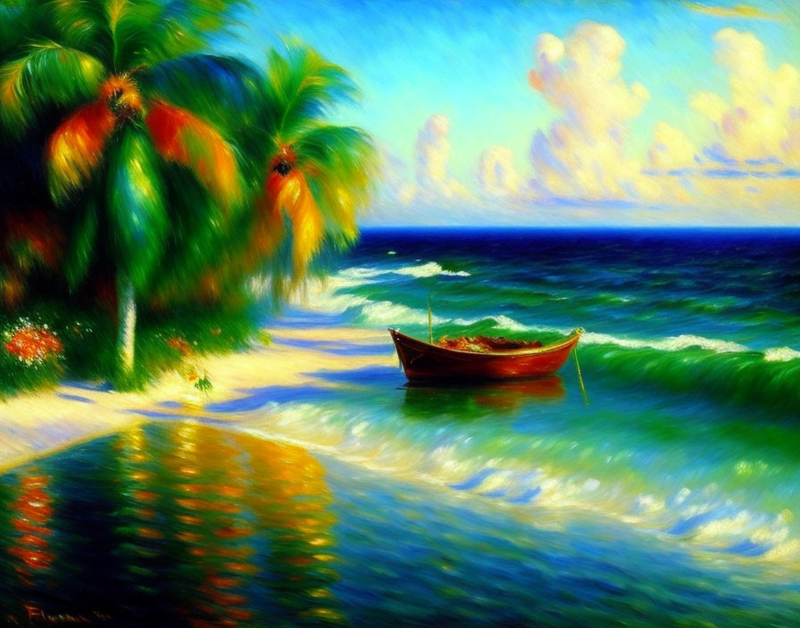 Tropical beach painting with palm trees and boat