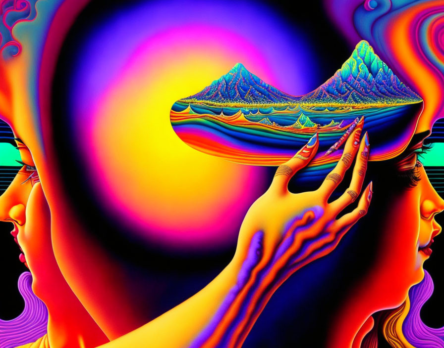 Colorful Psychedelic Artwork: Faces Profiles & Iridescent Landscape Above Hands