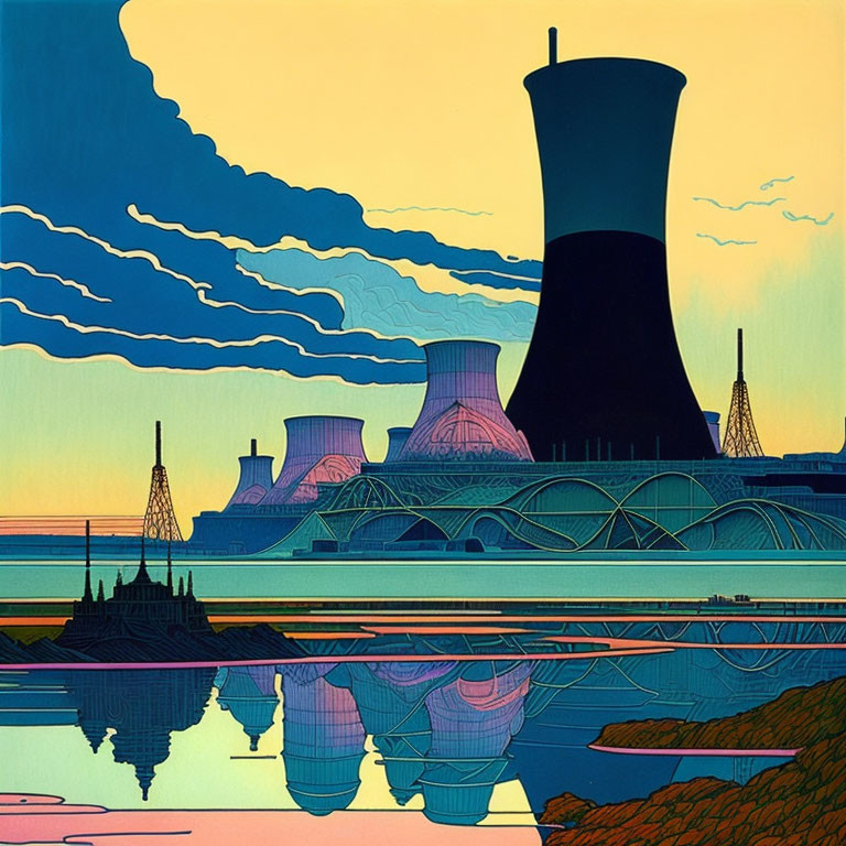 Colorful Stylized Power Plant Illustration with Cooling Towers and Dramatic Sky