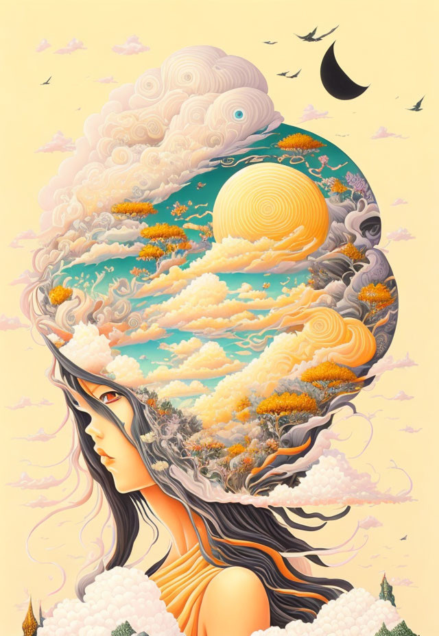 Surreal landscape with woman's profile blending into nature