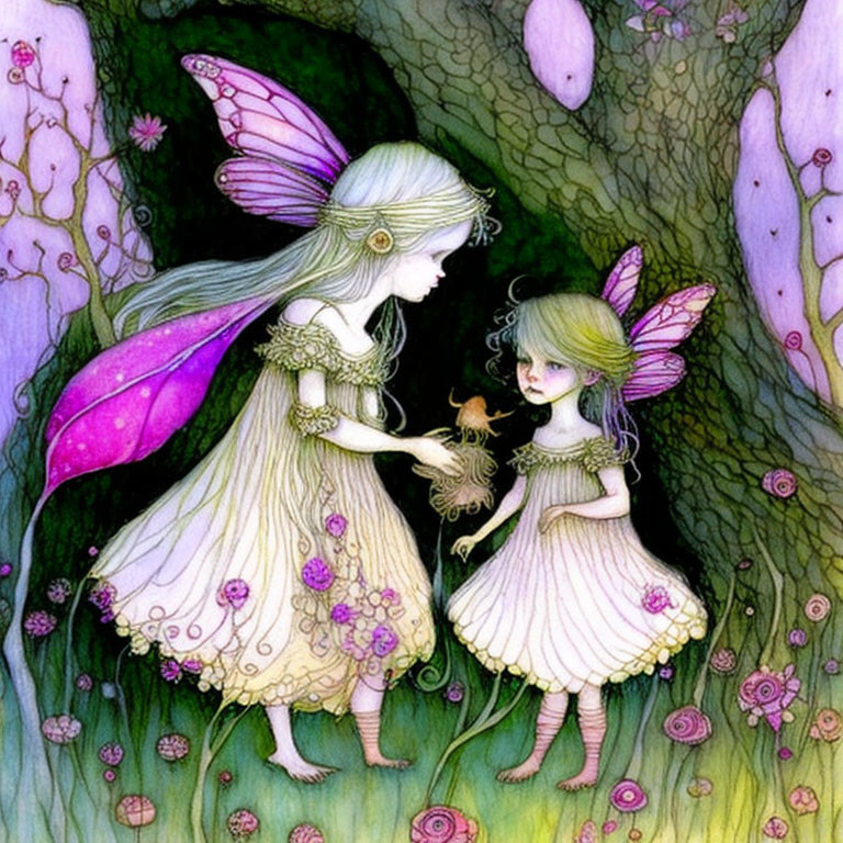 Illustrated fairies with delicate wings in mystical forest scene surrounded by vibrant flora