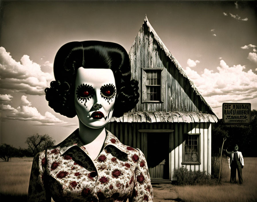 Surreal vintage woman with skull-like face in front of old house
