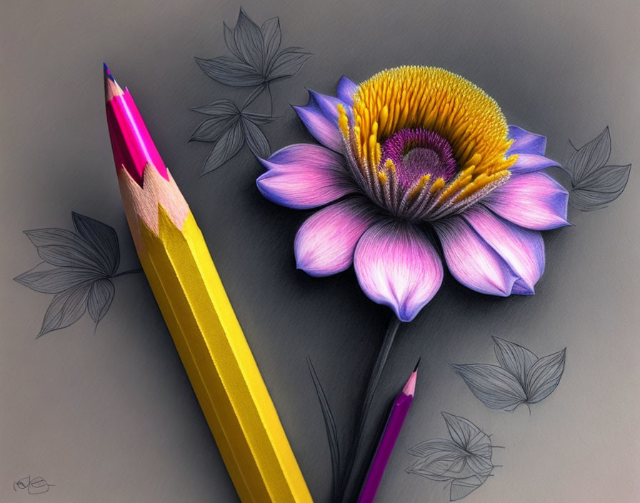 Colorful pencil and flower illustration on gray paper