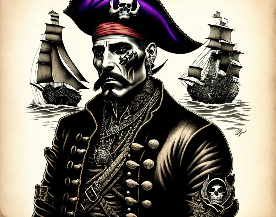 Detailed illustration of stern pirate with beard, tricorn hat, coat, ship, and sea.