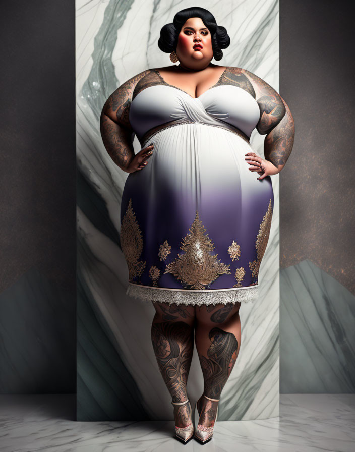 Stylish Plus-Size Woman in White and Purple Dress with Tattoos