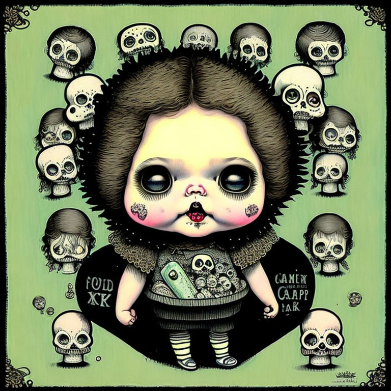 Wide-eyed child surrounded by decorative skulls in gothic illustration