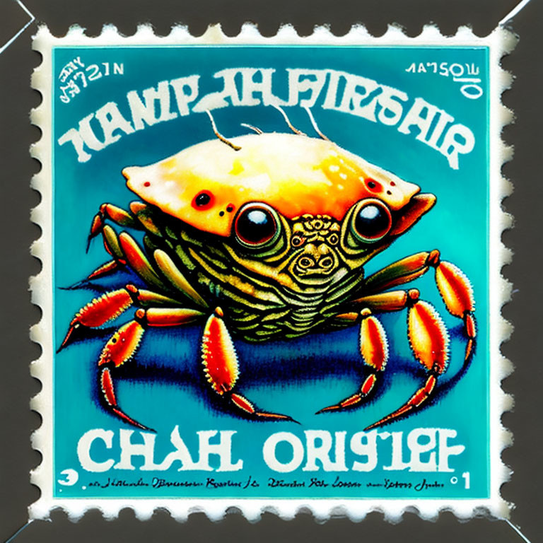 Colorful Postage Stamp with Yellow and Red Crab Illustration on Blue Background