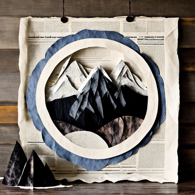 Mountain landscape paper art on newspaper background in circular frame.