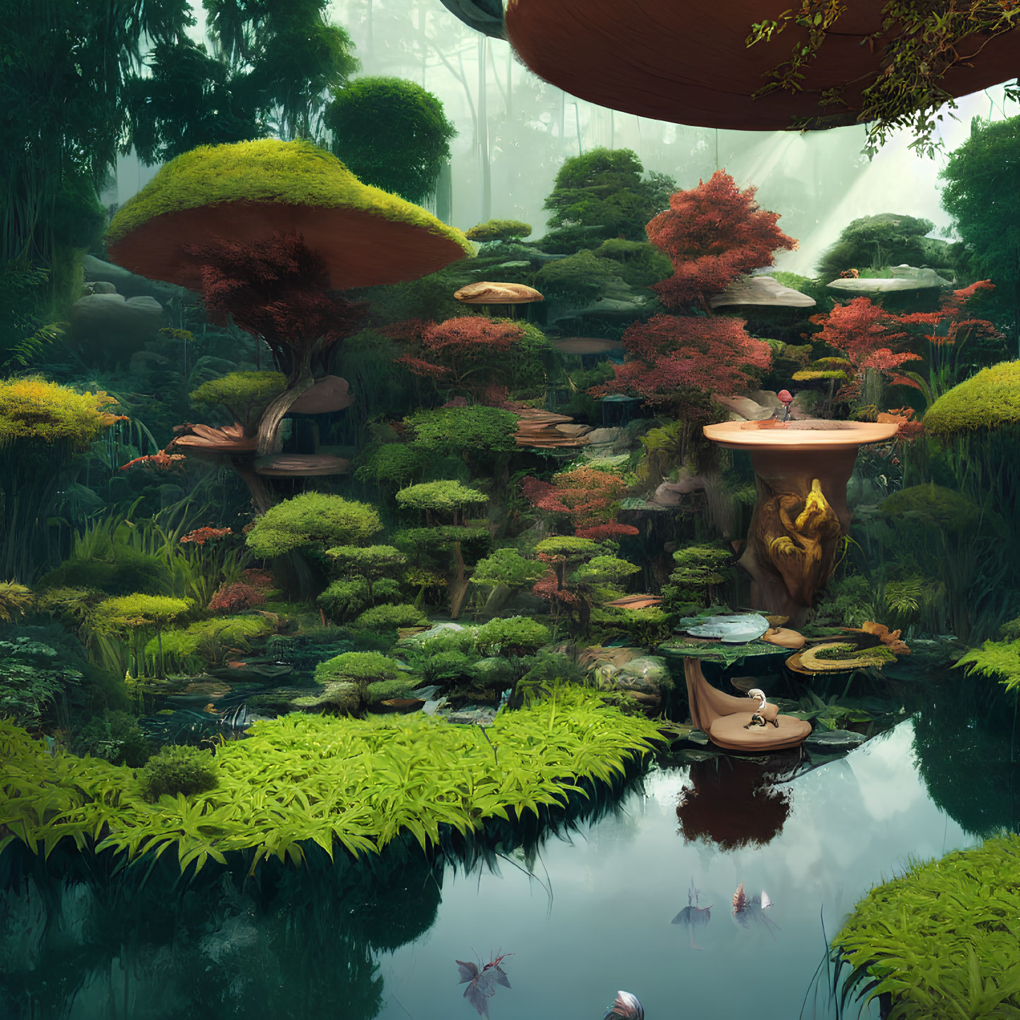 Mystical forest with red trees, oversized mushrooms, and reflecting pond