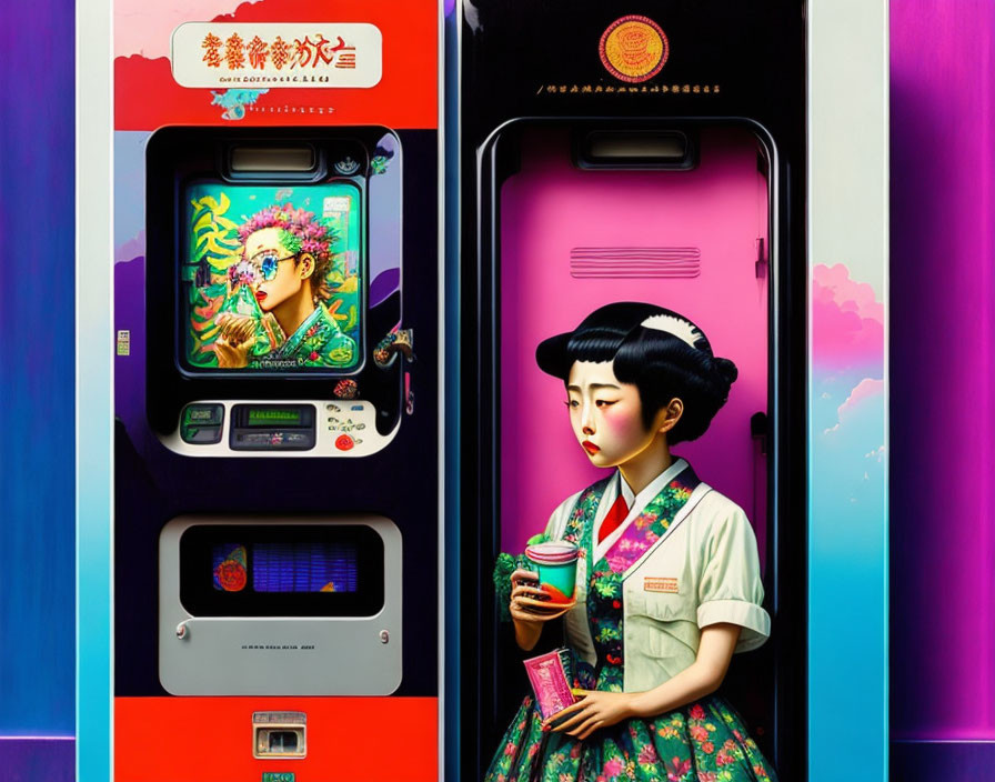 Traditional Attire Woman with Drink and Ticket by Colorful Japanese Vending Machines