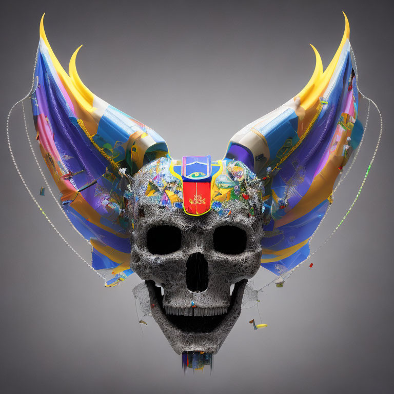 Colorful Twisted Horns Skull with Festive Ornaments and Shield Crest