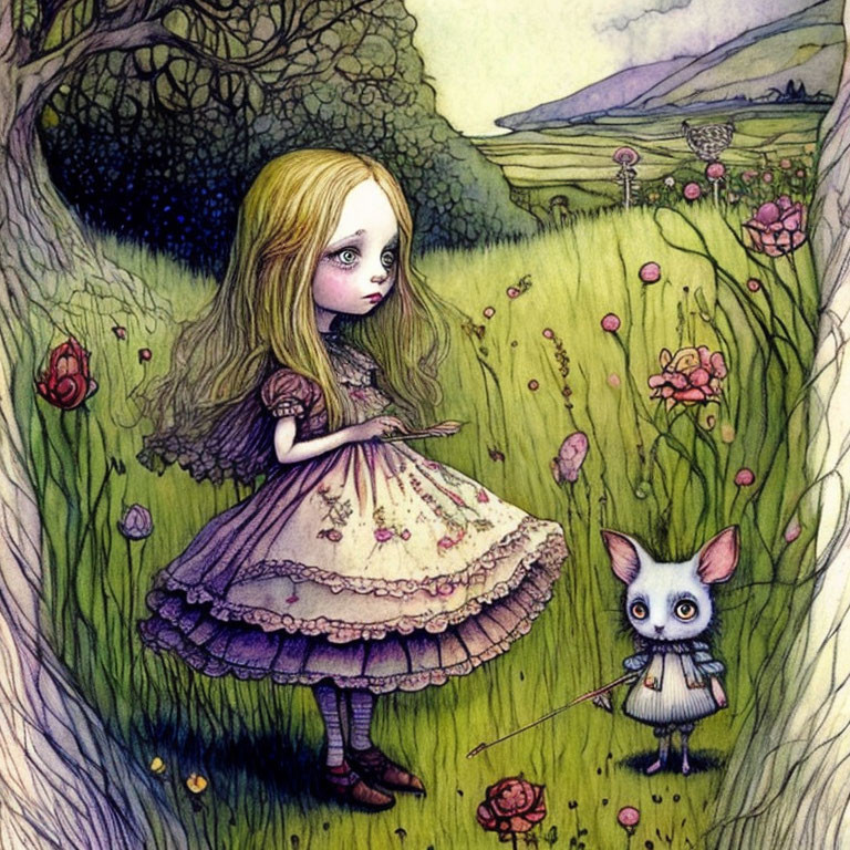Detailed image of girl with large eyes in whimsical forest with small creature and red flowers