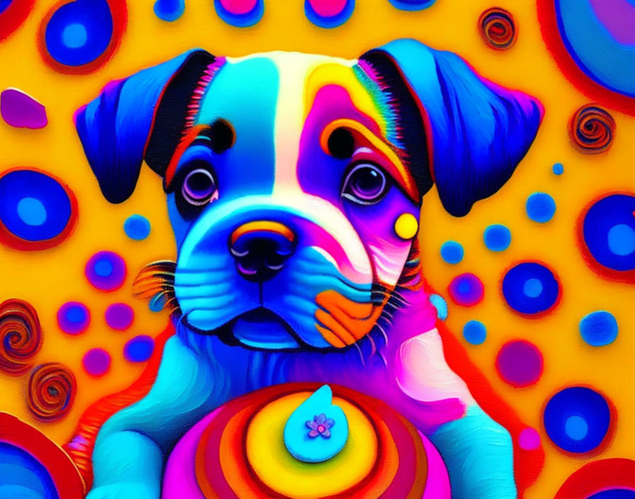 Colorful Stylized Puppy Art Against Psychedelic Background