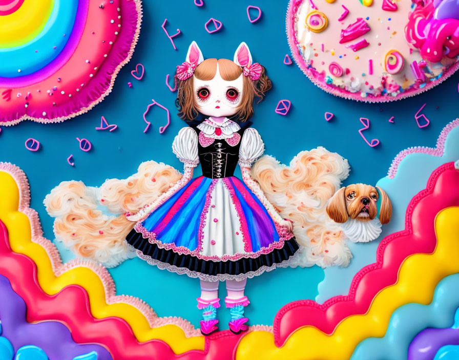 Colorful doll in dress with bow, surrounded by vibrant decorations and small dog illustration