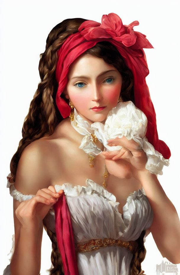 Woman in red headscarf and white dress holding small bird with serene expression