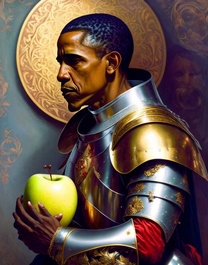 Barack Obama as a medieval knight eating an apple 