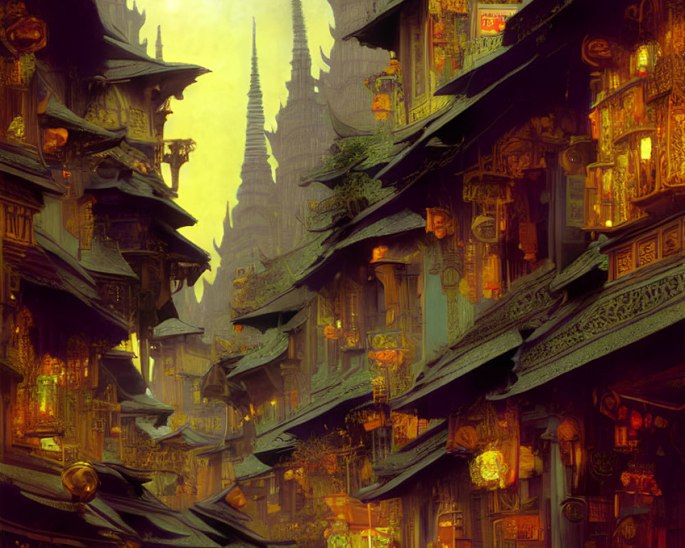 Mystical alley with golden lanterns, elaborate attire, and towering spires