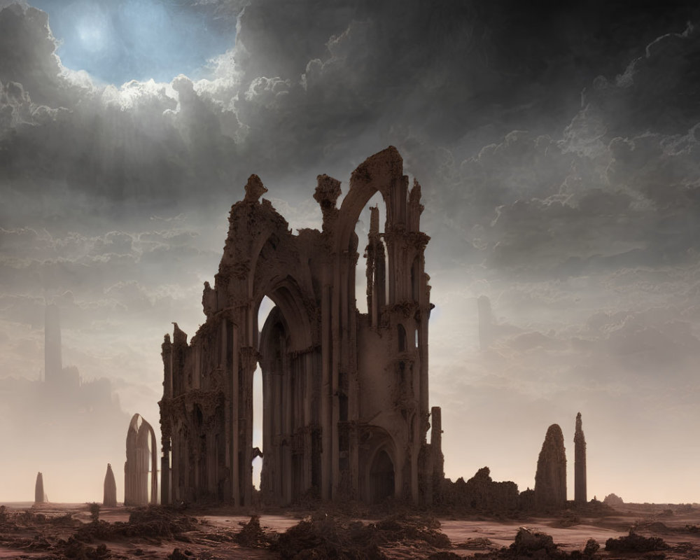 Gothic cathedral ruins under dramatic desert sky