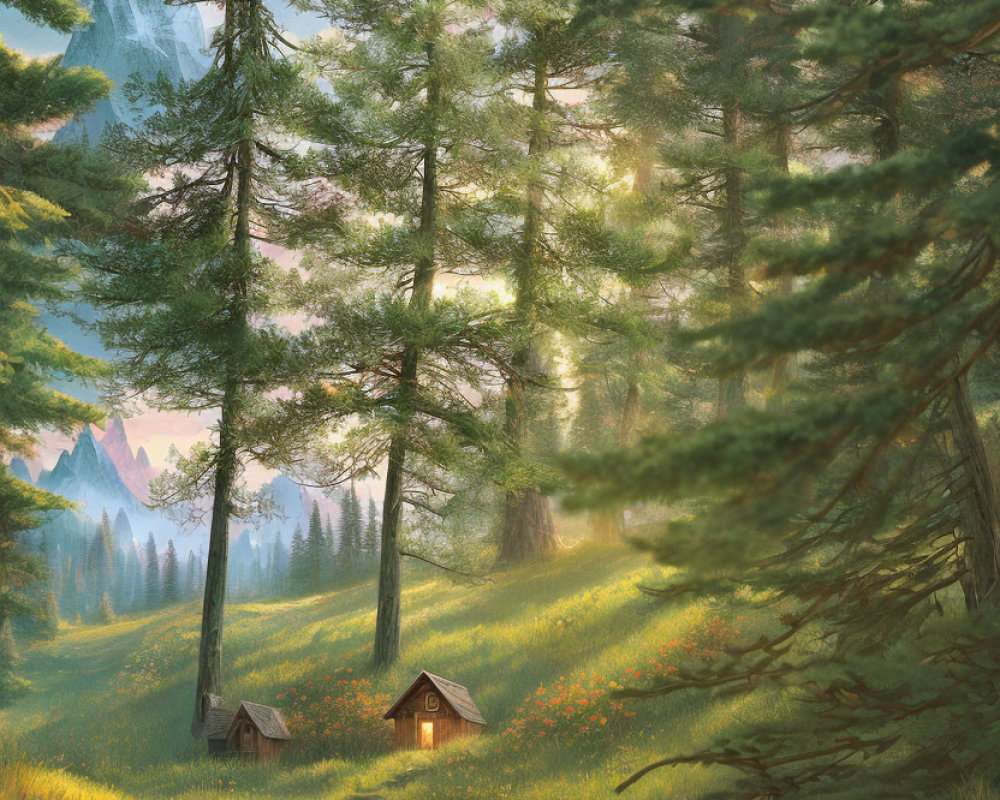 Tranquil sunrise forest with tall pine trees and wooden huts