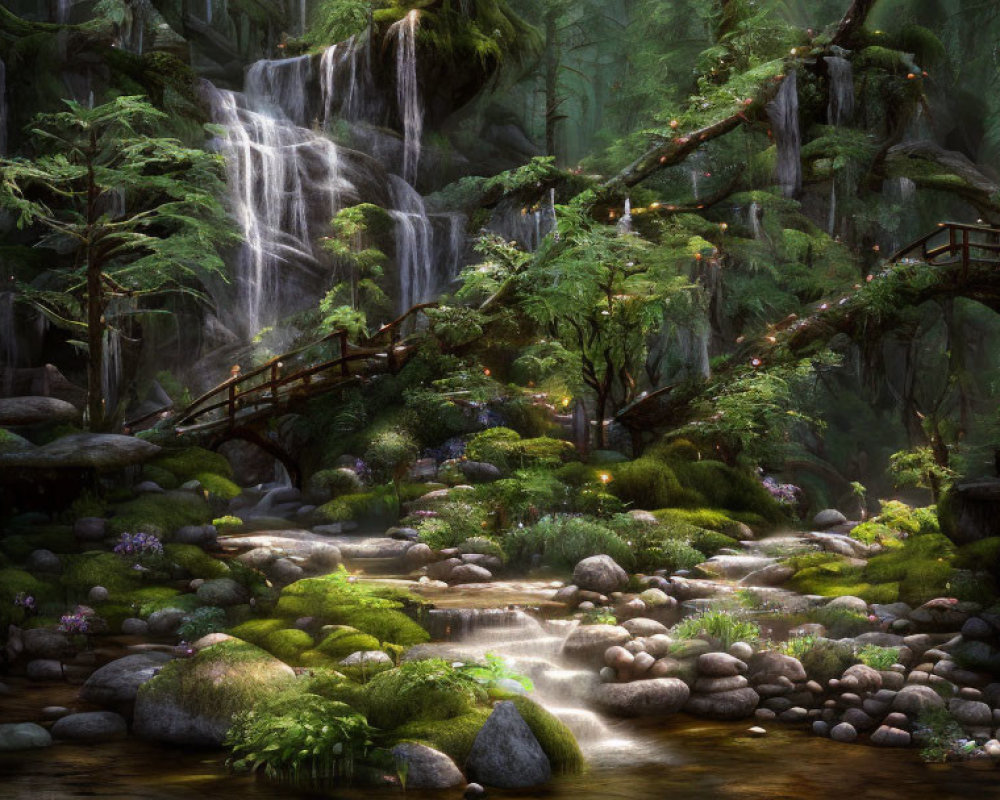 Lush greenery, cascading waterfall, wooden bridge in mystical forest