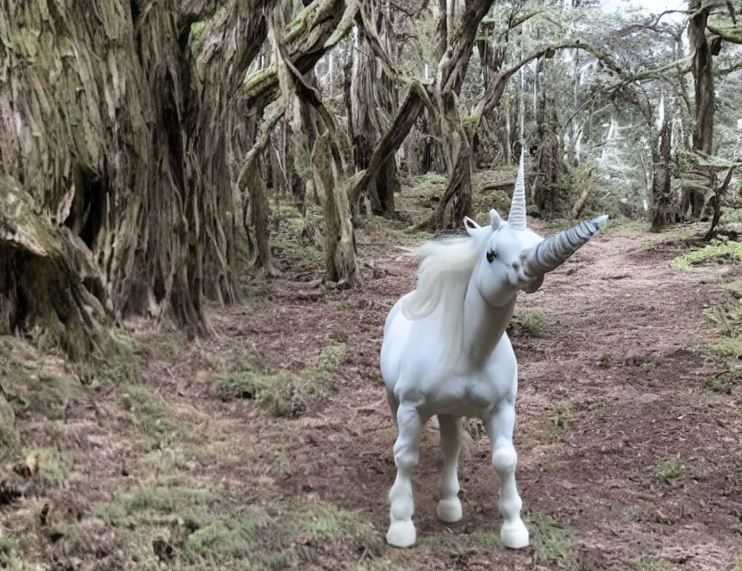 White Unicorn in Mossy Forest with Twisted Trees and Soft Light