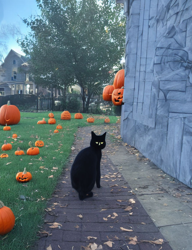 Black Cat Surrounded by Carved Pumpkins on Walkway with Halloween Theme