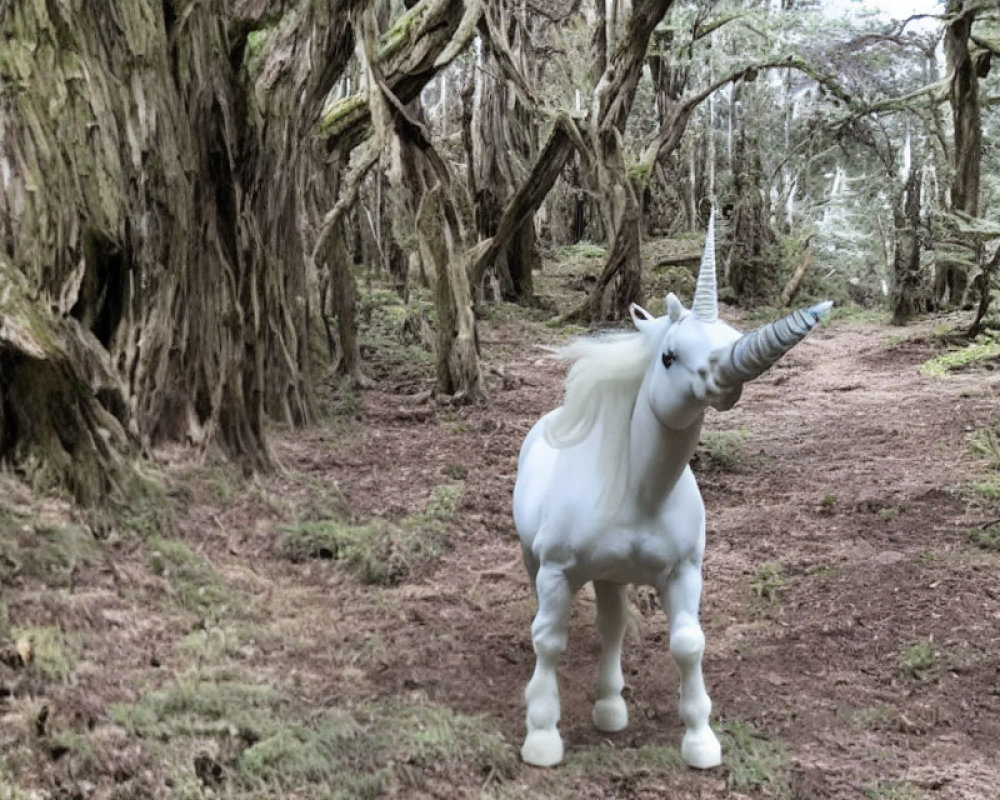 White Unicorn in Mossy Forest with Twisted Trees and Soft Light