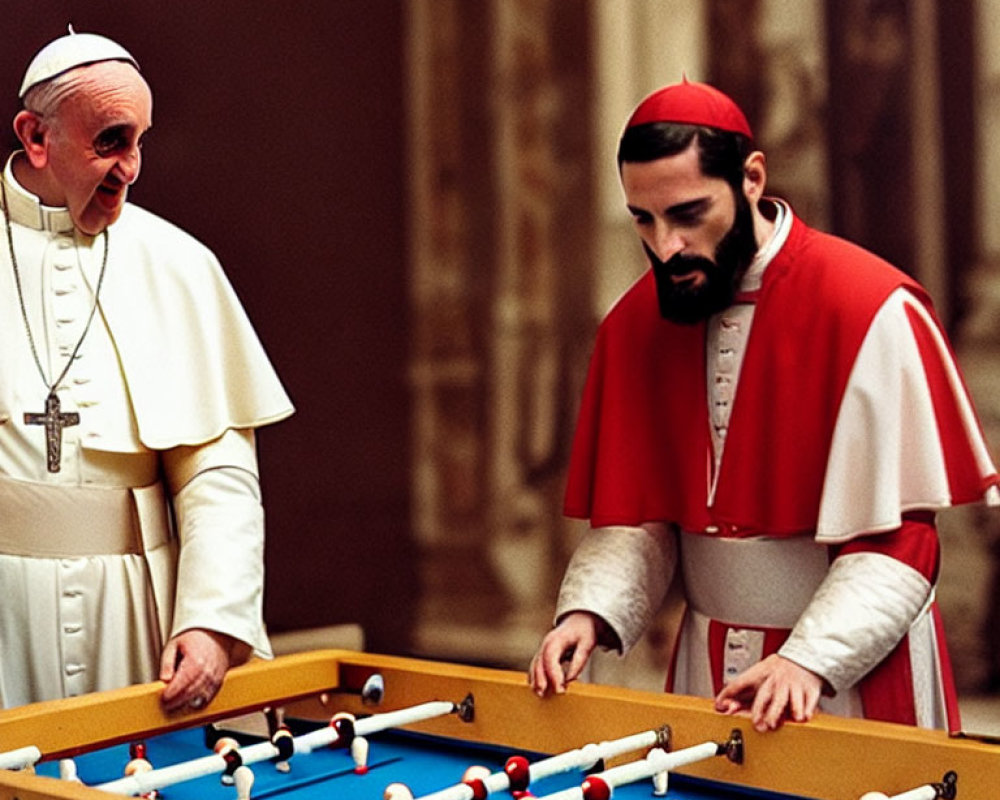 Men in Pope and Cardinal Costumes Playing Foosball in Classical Room