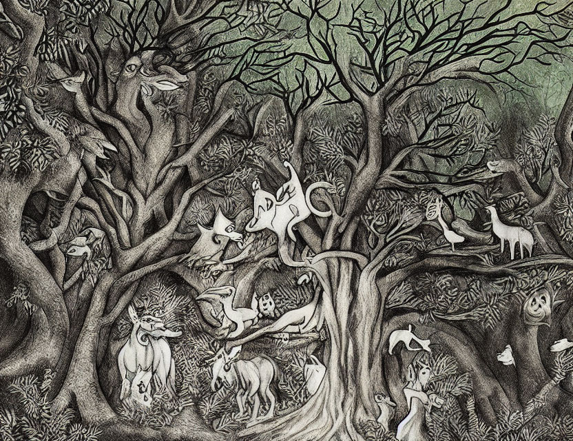 Greyscale whimsical forest with face trees and fantastical creatures