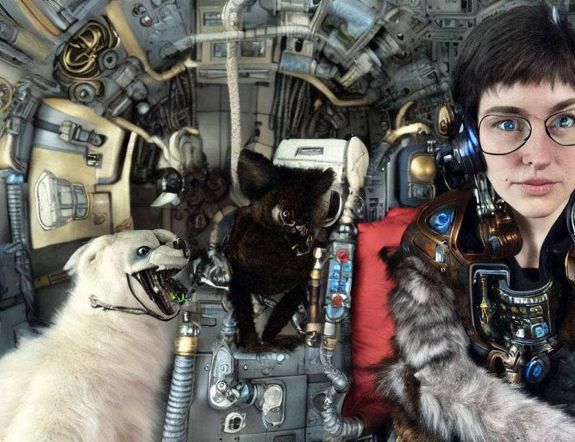 Person in pilot's helmet with dog and cat in sci-fi suits in spaceship cockpit.