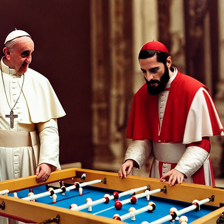 Men in Pope and Cardinal Costumes Playing Foosball in Classical Room