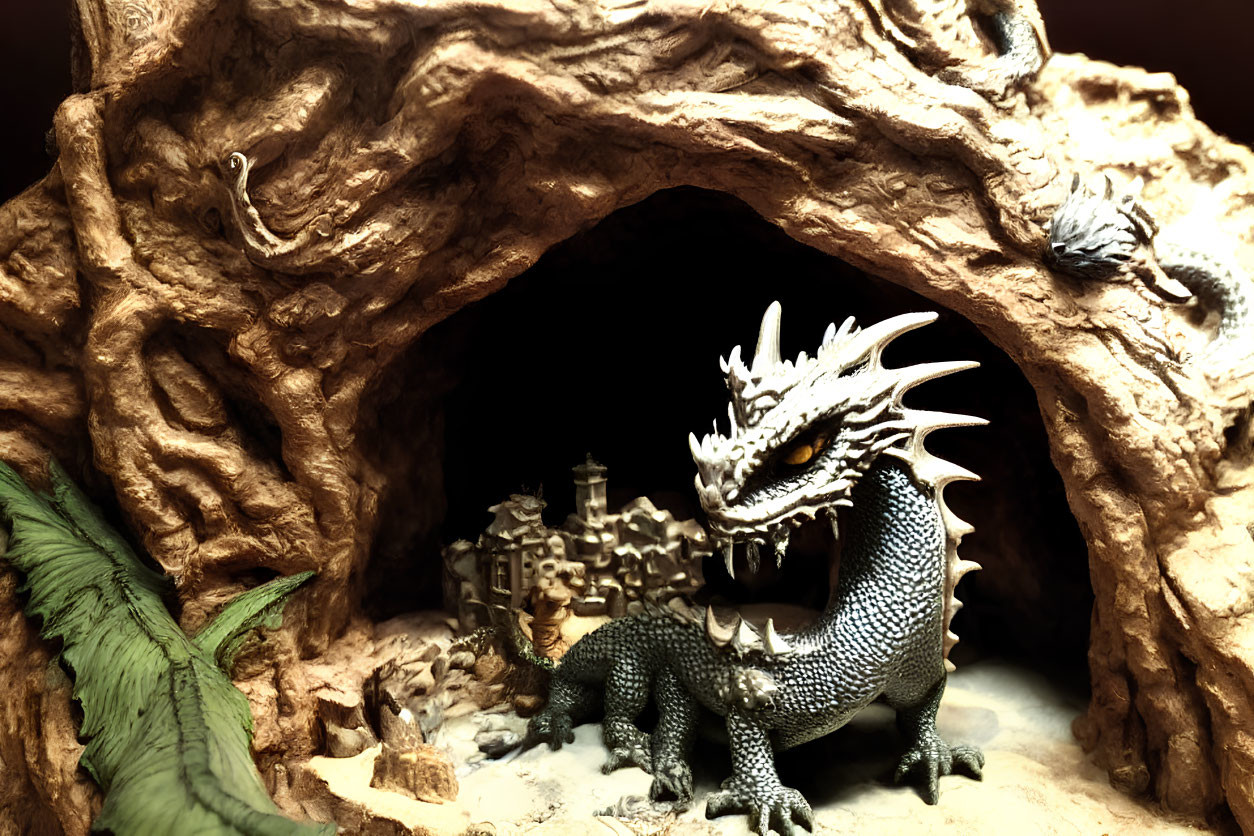 Detailed model dragon guards fantasy village in cave with dramatic lighting.