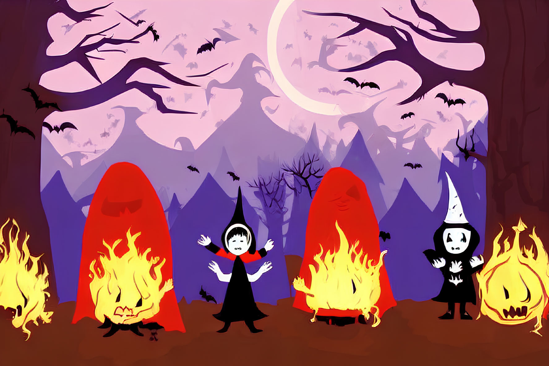 Three Halloween characters in costumes against a spooky backdrop with bats, full moon, leafless trees, and