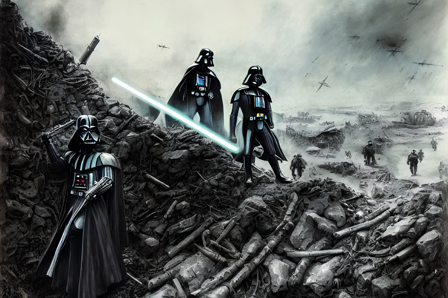 Three Darth Vader figures in battlefield scene with lightsaber and fallen soldiers.