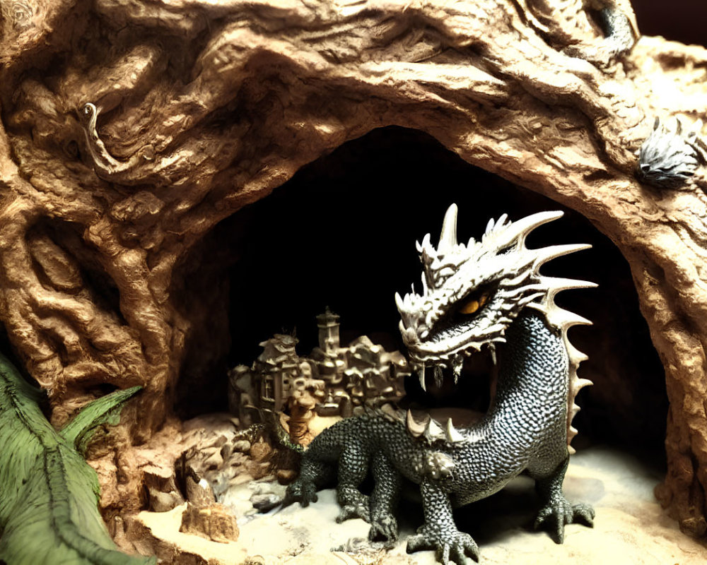 Detailed model dragon guards fantasy village in cave with dramatic lighting.