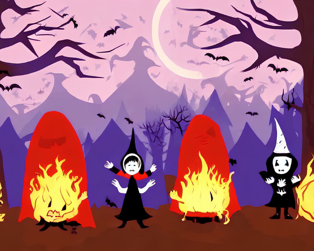 Three Halloween characters in costumes against a spooky backdrop with bats, full moon, leafless trees, and