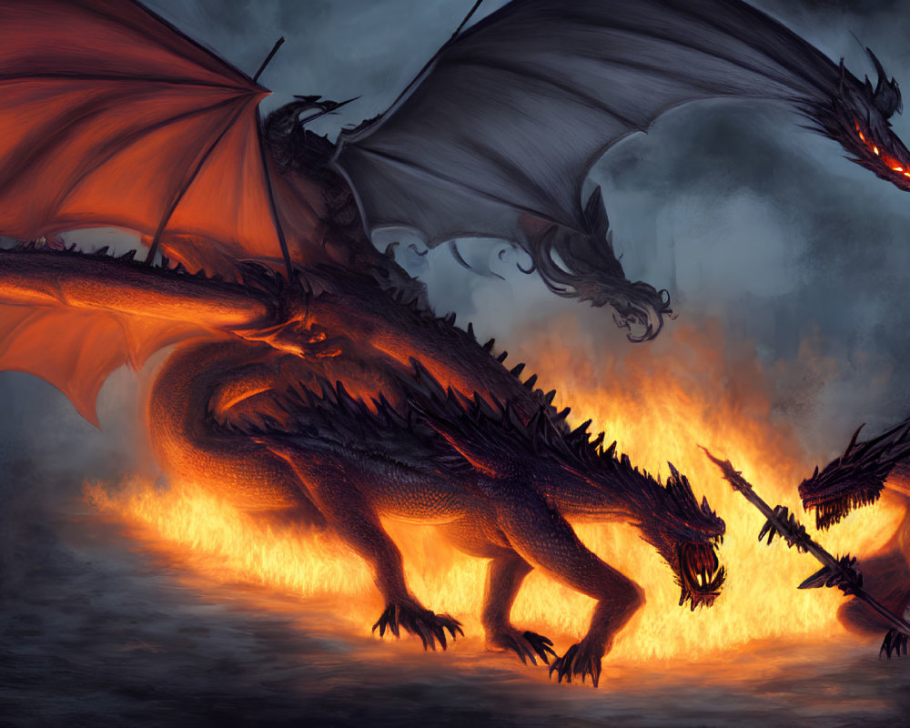 Fiery battle between two fierce dragons in dark skies
