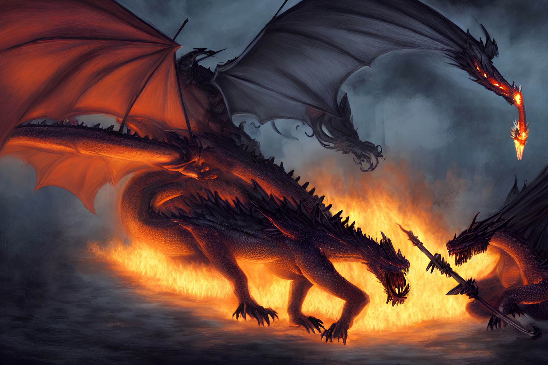 Fiery battle between two fierce dragons in dark skies