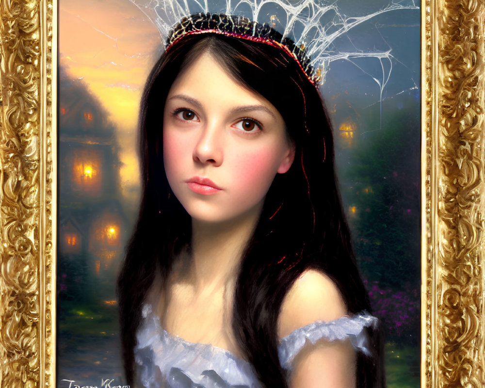 Dark-haired girl with spider web crown in golden frame on twilight backdrop