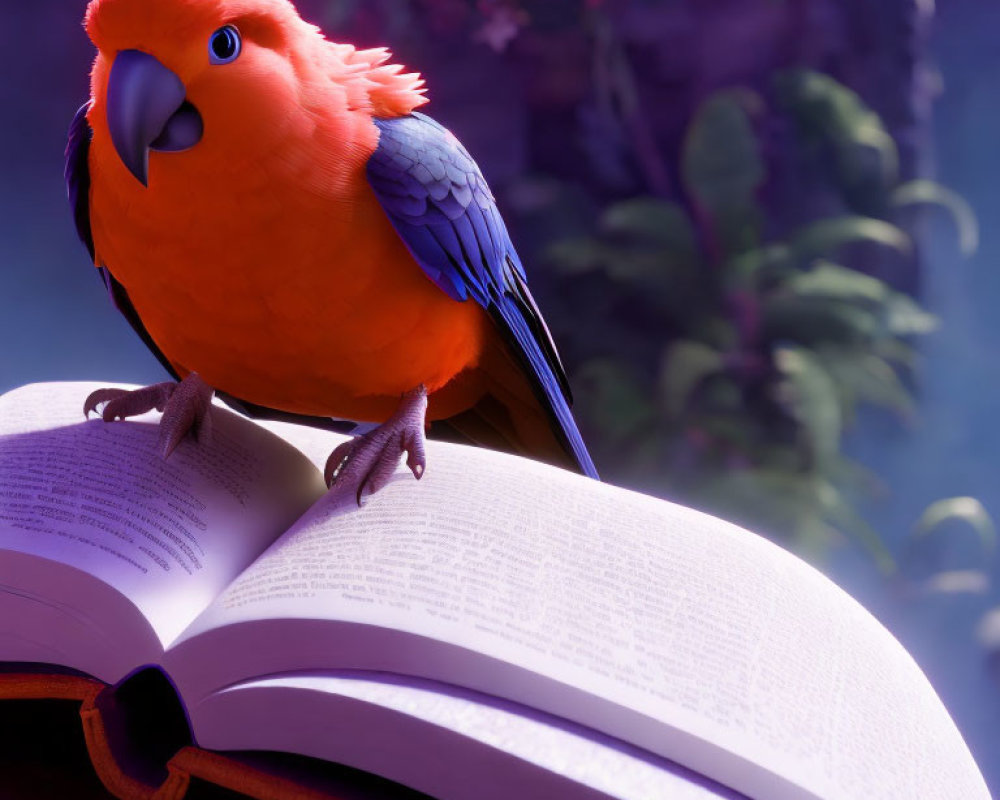 Colorful Parrot Perched on Open Book with Botanical Background