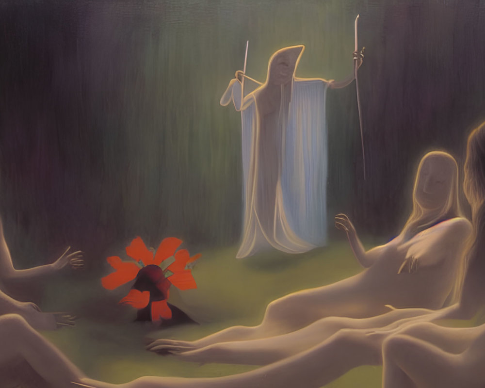 Mystical painting of nude figures around red flower with shrouded entity
