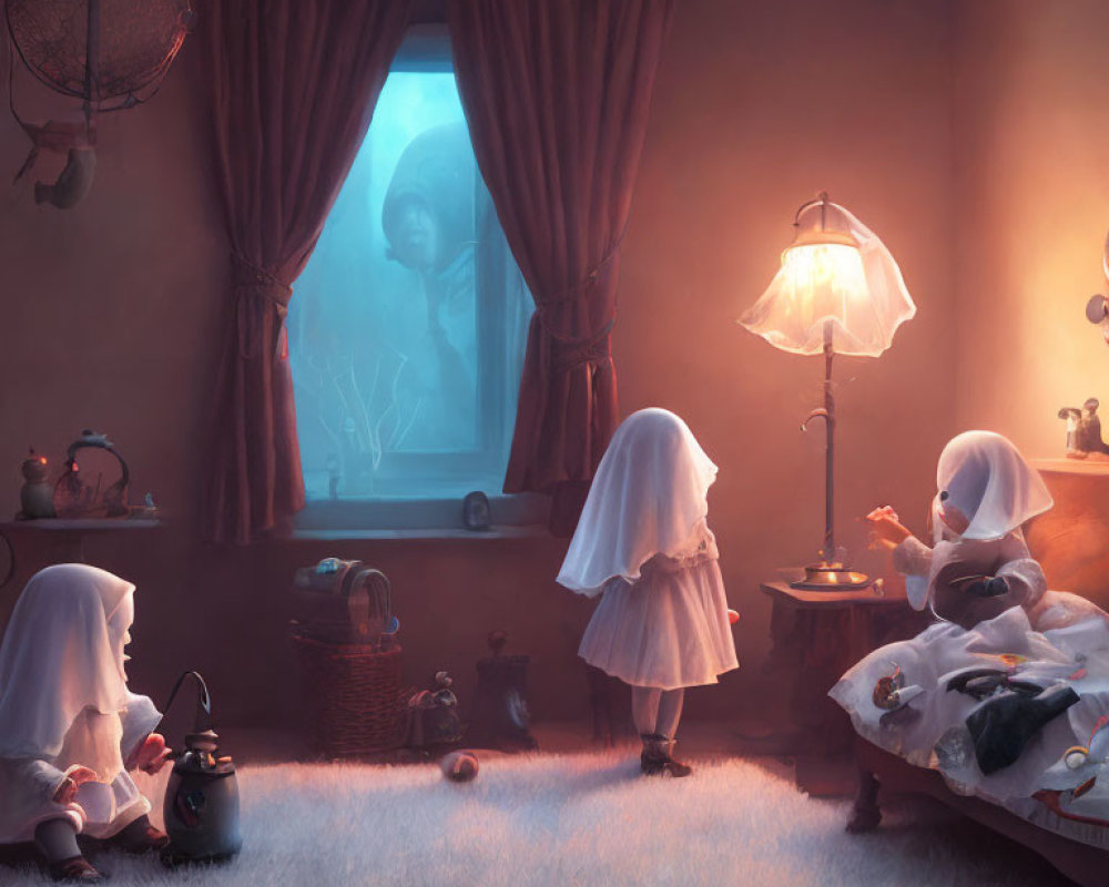 Ghostly figures reading and sewing in cozy room, with looming figure outside.