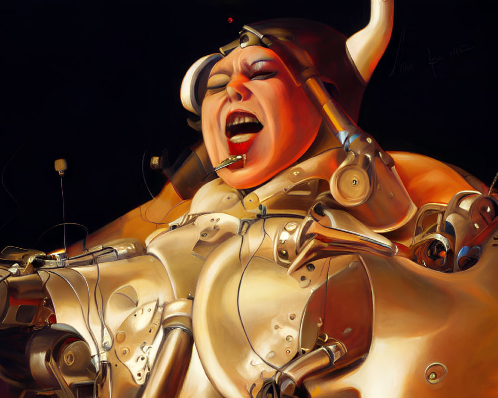 Illustration of laughing person in futuristic mechanical armor with gadgets and horn.