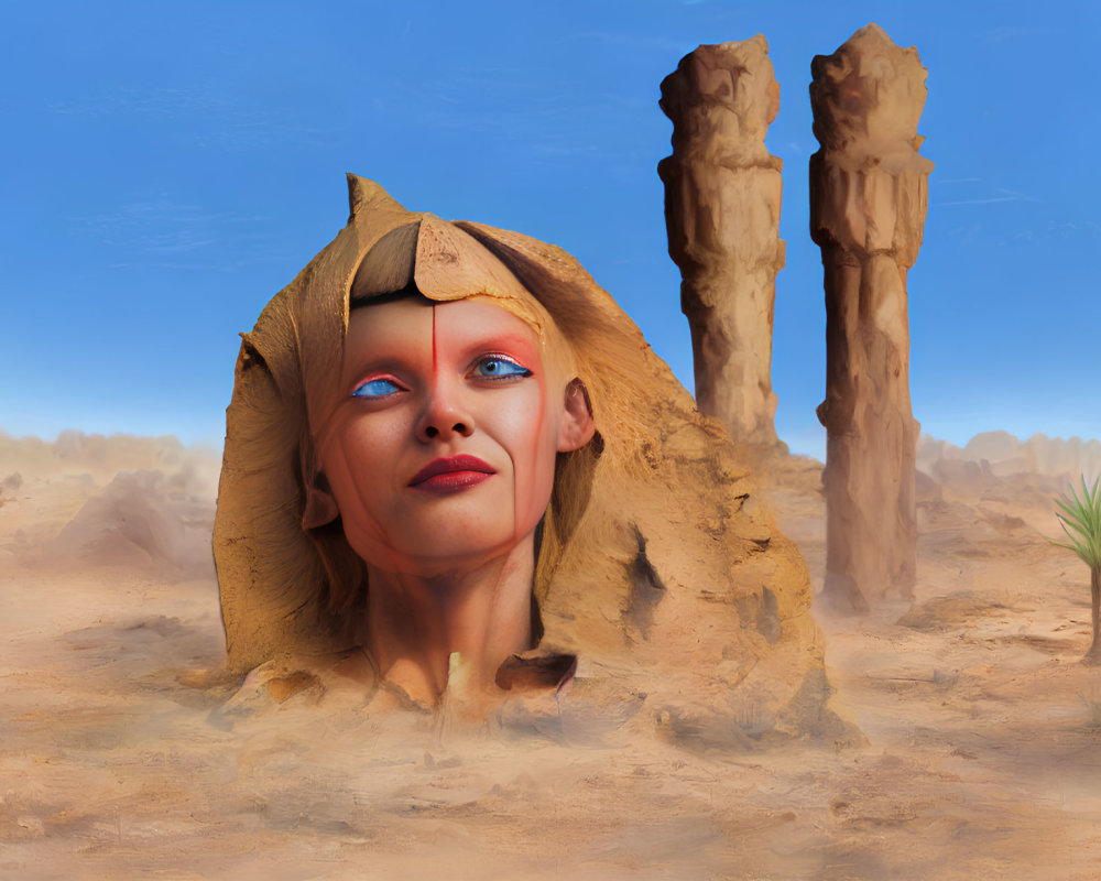 Surreal desert landscape with woman's head and blue eyes emerging from sands