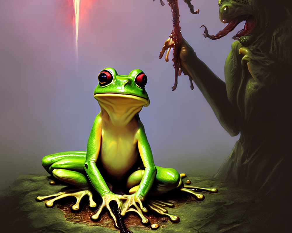 Green frog on rock with looming shadowy figure and mystical light