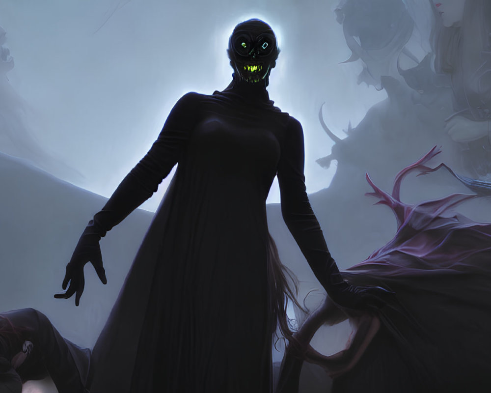Eerie fantasy scene with figure in black robe and glowing green eyes
