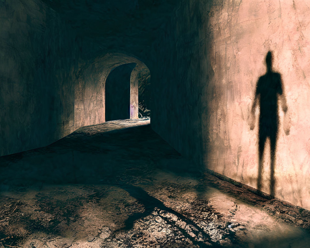 Silhouette of a person in shadow against tunnel wall with distant sunlight